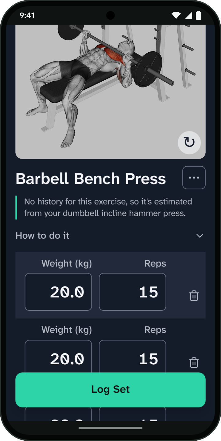 An exercise in a started strength session, with its weight and reps and the Log Set button