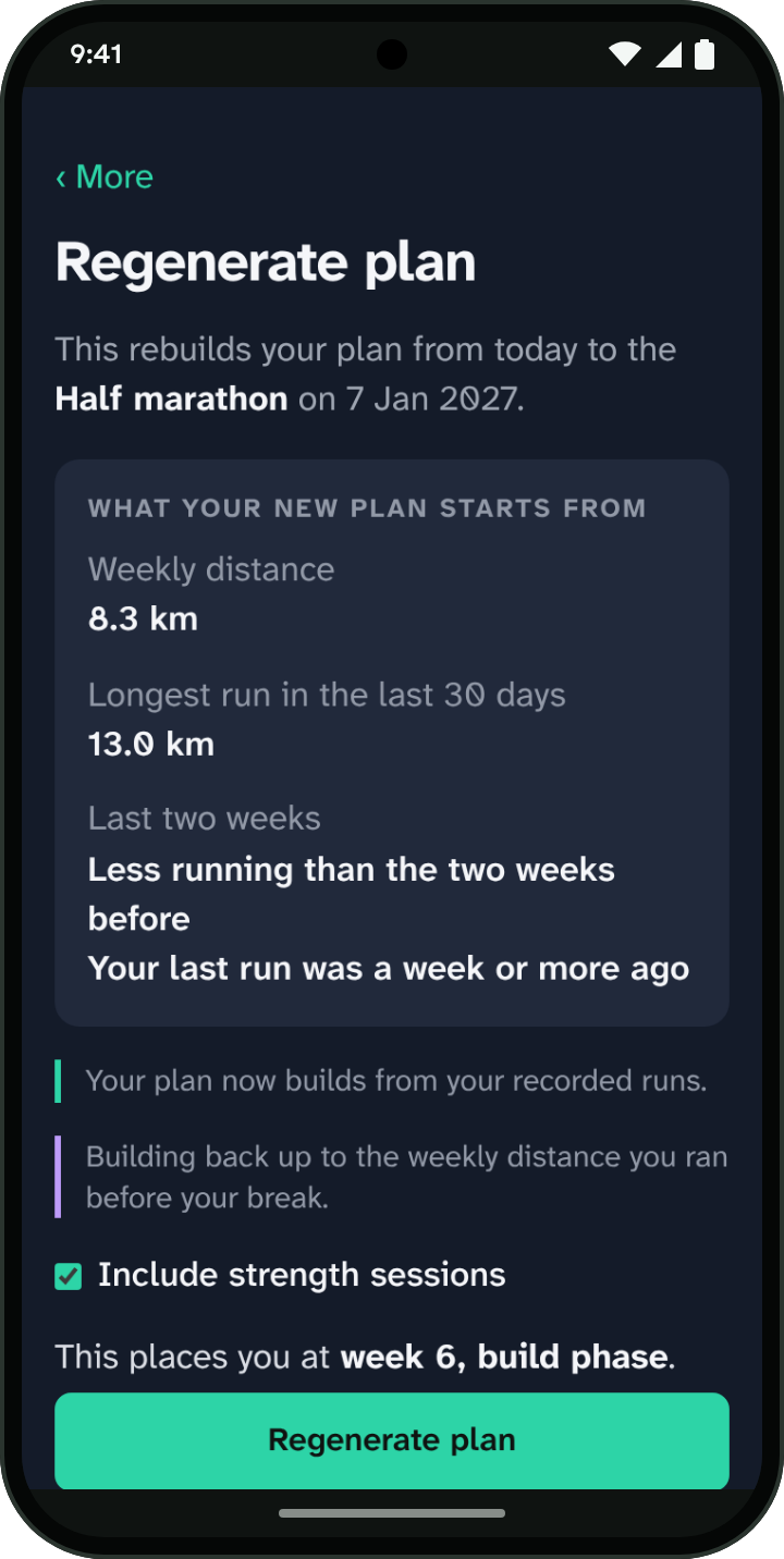 What a new plan starts from: weekly distance, the longest run in the last 30 days and the last two weeks of running