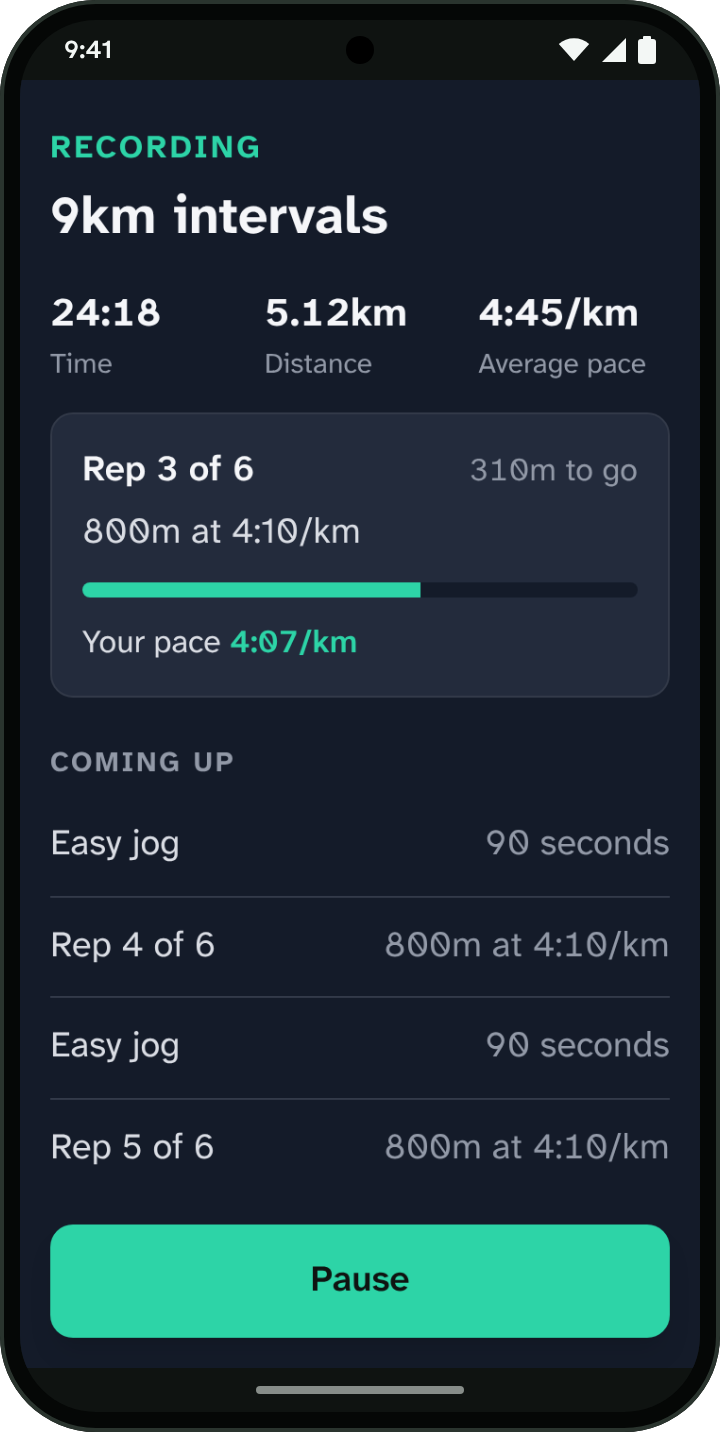 A run being recorded on a phone: the current rep, its target pace and the steps coming up