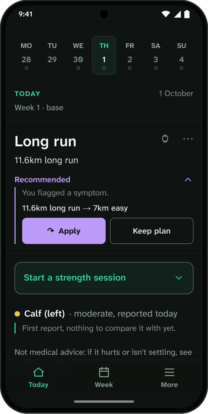 Today's long run with a recommended easier run after a sore calf was reported