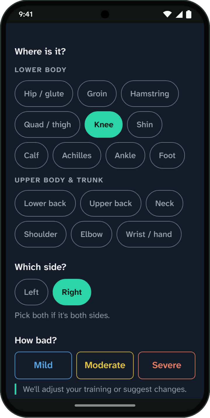 Reporting a sore spot in Pacent: the right knee picked from the body's sites, then how bad it is