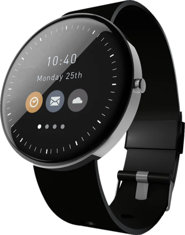 A round smartwatch showing the time and the date