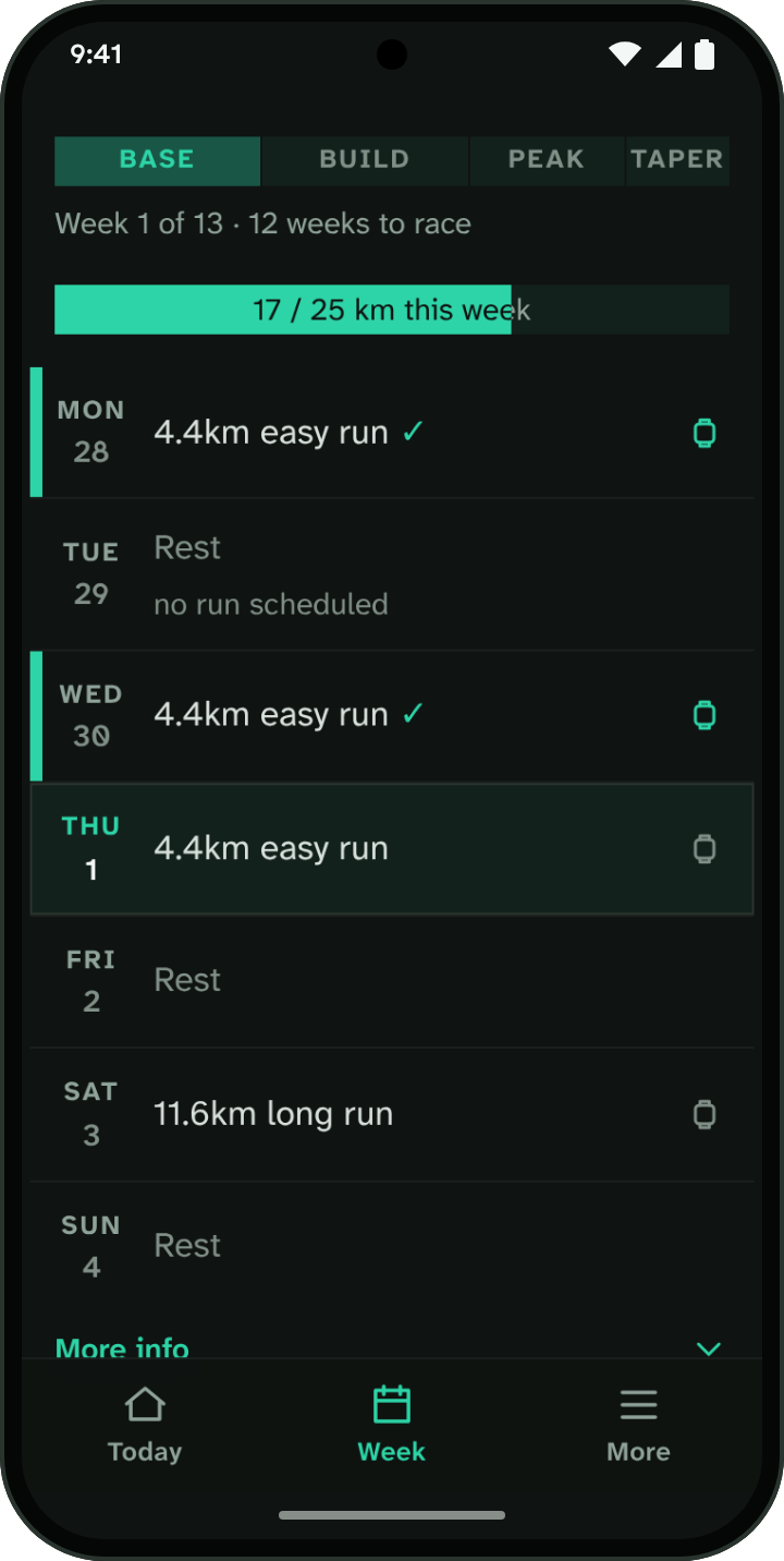 The week screen: the phase of the plan, weeks to race and each day's run